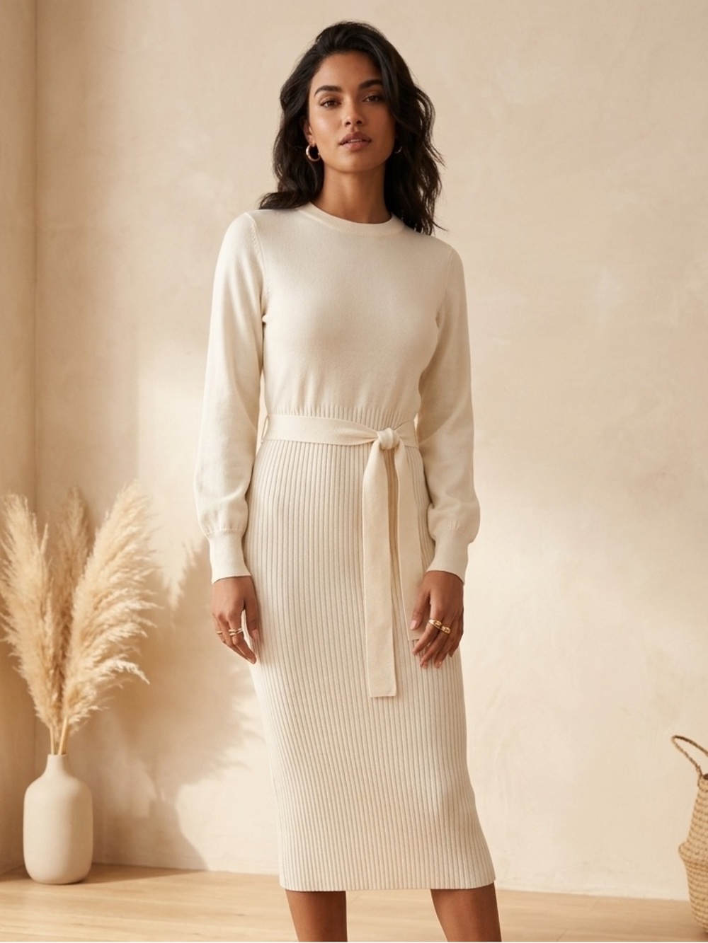 Classic Ribbed Belted Long-Sleeve Midi Dress — Ivory